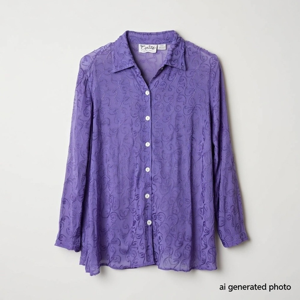 Vintage Caite Embroidered Semi-Sheer Purple Shell‎ Buttoned Blouse 16 Petite